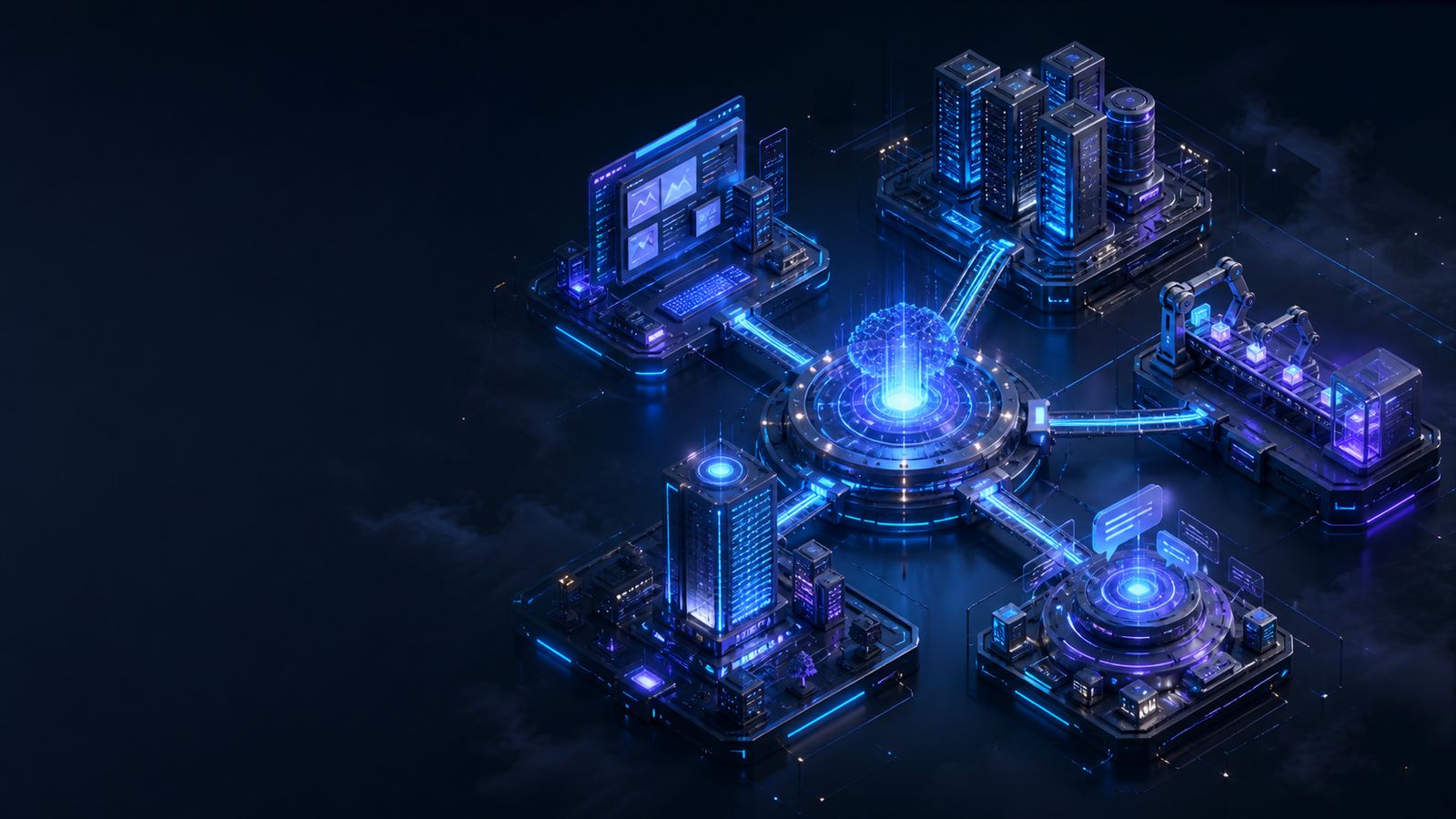An original isometric digital operations hub connecting Digxal's AI, web, software, automation, and consulting services